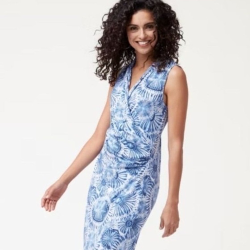 Tommy Bahama Midi Dress Blue Sand Peso IslandZone Faux Wrap Size Small